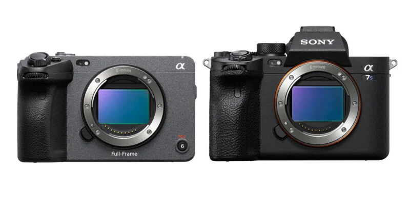 Two Sony Alpha cameras are shown side-by-side, with the FX3 on the left and the a7S III on the right, both featuring E-mounts.