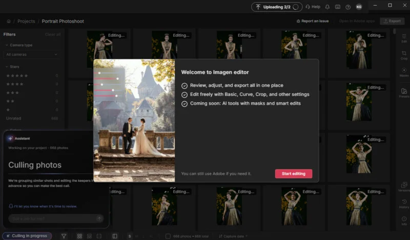 A computer screen displays the Imagen photo editing software interface, featuring a "Welcome to Imagen editor" pop-up window over a gallery of portrait photos.