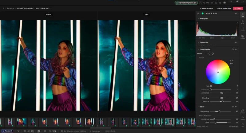 A split-screen view in Adobe Lightroom showing a before-and-after comparison of a portrait of a woman in a colorful outfit, with editing panels visible on the right.