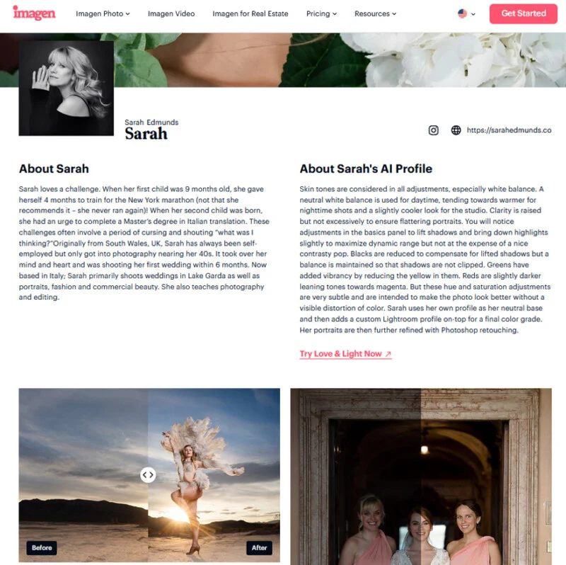 A webpage profile for photographer Sarah Edmunds, featuring her portrait, biography, a description of her AI editing style, and before-and-after photo examples.