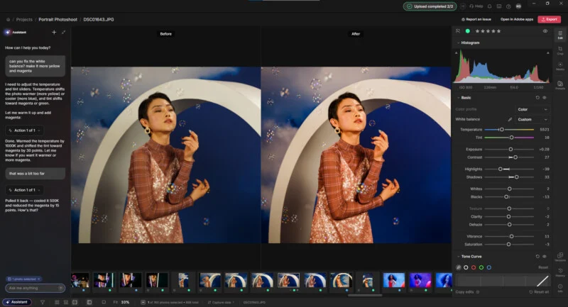 A split-screen view in Adobe Lightroom shows a portrait of a woman in a sequined dress surrounded by bubbles, with editing panels on the right and an AI assistant chat interface on the left.