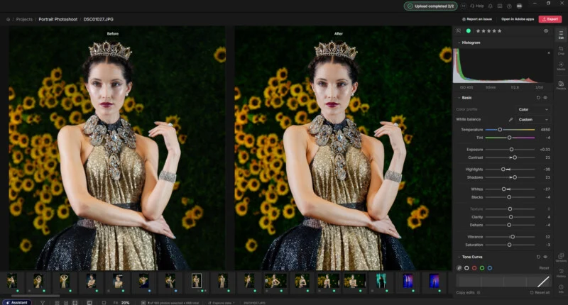 A side-by-side comparison of a portrait of a woman wearing a crown and a gold dress against a sunflower background, displayed in a photo editing software interface.