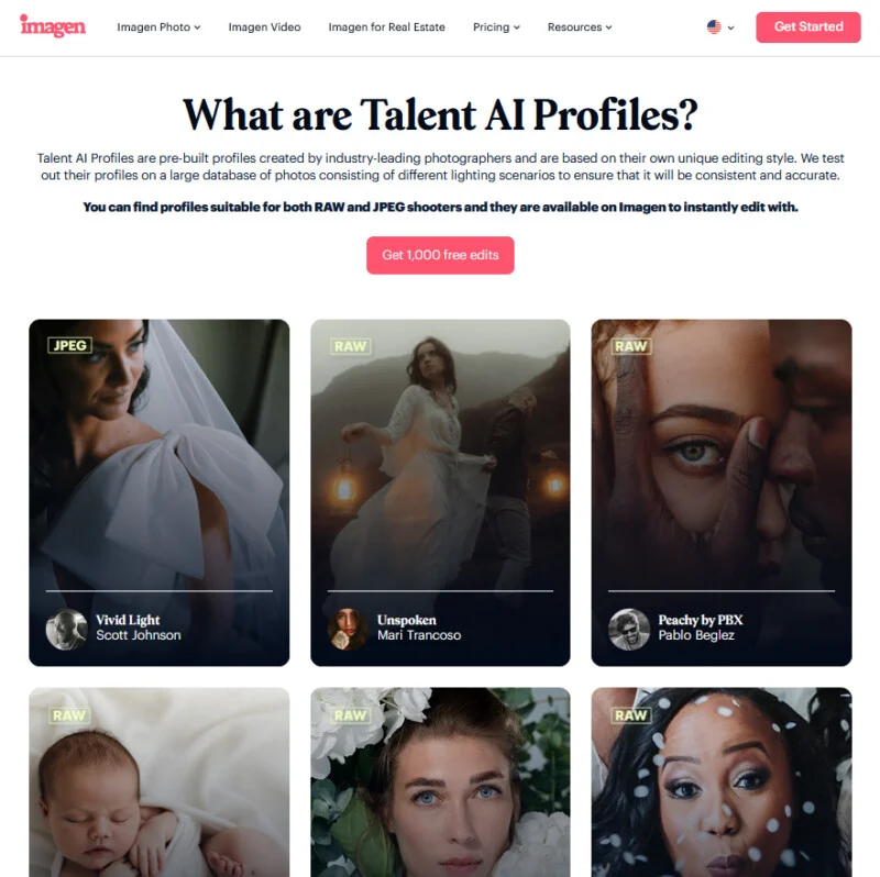 A webpage titled What are Talent AI Profiles? featuring a grid of six example photography editing profiles with labels for RAW or JPEG compatibility and the names of the photographers.