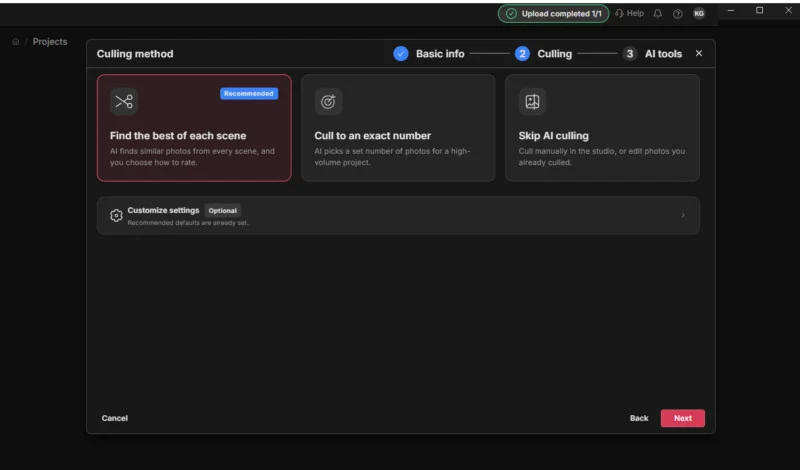 A software interface window titled Culling method, showing three options: Find the best of each scene, Cull to an exact number, and Skip AI culling.