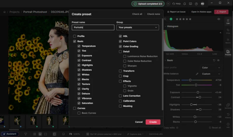 A screenshot of the Adobe Lightroom web interface displaying a "Create preset" dialog box over a portrait of a woman in a crown and gold dress.