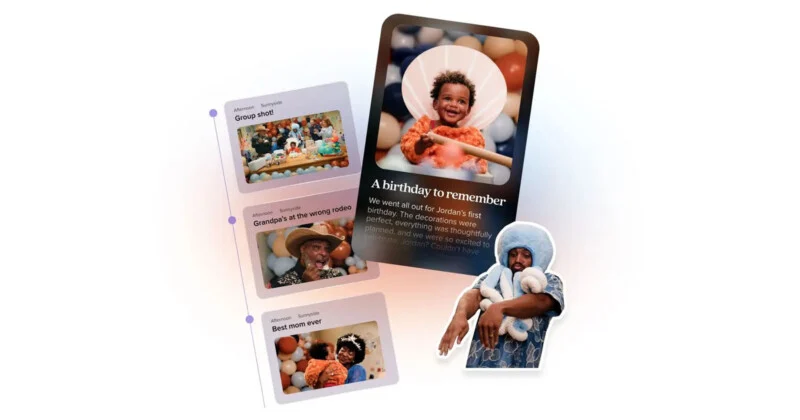 A digital timeline display shows photos from a child's birthday party, alongside a cutout of a man wearing a blue octopus hat.
