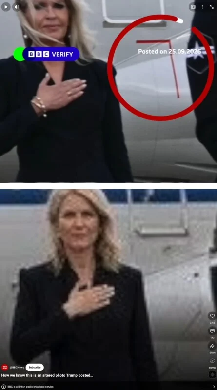 A split-screen video from BBC News titled "How we know this is an altered photo Trump posted" shows a woman with blonde hair wearing a black blazer with her hand over her heart, with a red circle highlighting a graphic on the side of an aircraft.