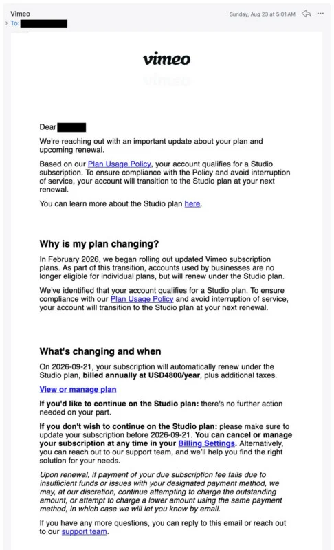 An email from Vimeo notifying the recipient that their subscription will automatically transition to a Studio plan on 2026-09-21.