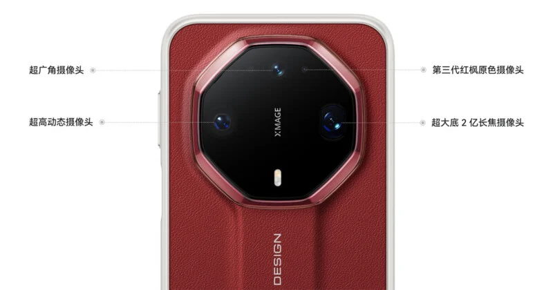 A close-up of a red smartphone back with a large octagonal camera module, featuring four lenses, a flash, and text labels for each component.