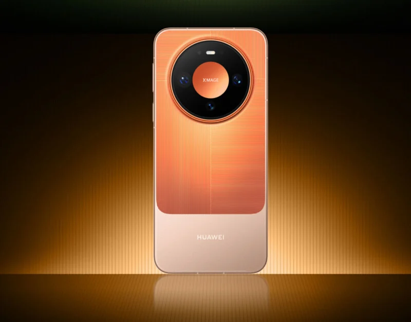 A Huawei smartphone with a textured orange back panel and a large circular camera module featuring the X.MAGE logo, centered against a warm, gradient background.