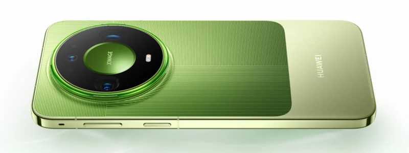 A green Huawei smartphone lying on its side, featuring a large circular camera module with XMAGE branding and a textured back panel.