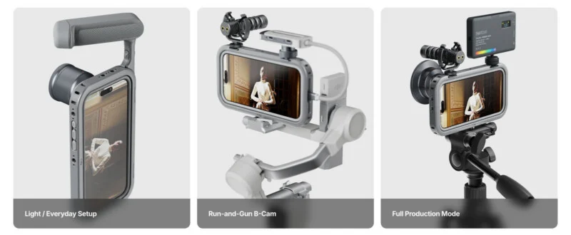 Three different configurations of a smartphone in a protective cage: a handheld setup, a gimbal-mounted setup with a microphone, and a tripod-mounted setup with a microphone and LED light.