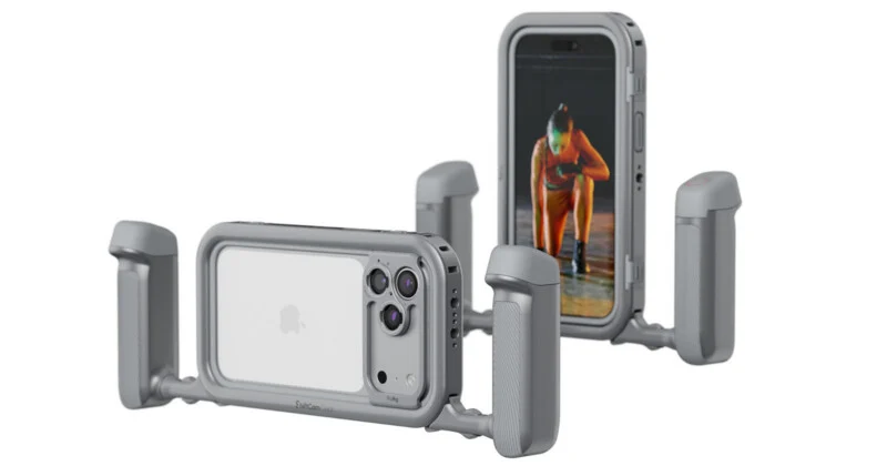 Two gray smartphone camera rigs are shown, one in a horizontal orientation and one in a vertical orientation, both featuring side handles and a protective case.