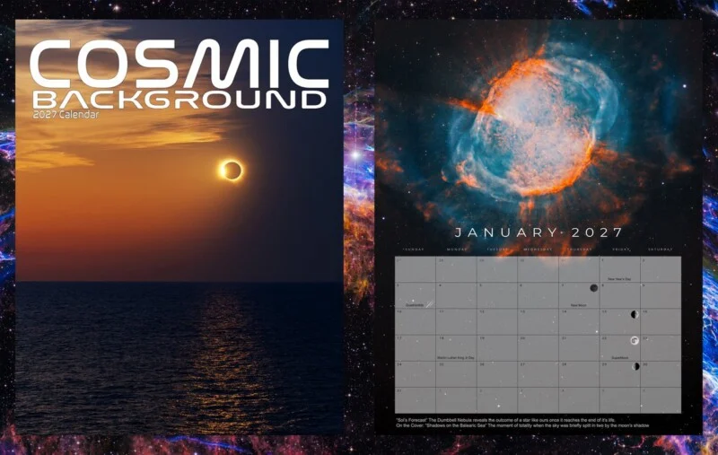 A 2027 calendar titled Cosmic Background featuring a solar eclipse over the ocean on the left and the Dumbbell Nebula above a January calendar grid on the right.
