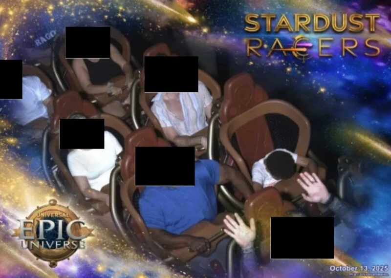 A group of people ride a roller coaster with the text "Stardust Racers" and "Universal Epic Universe" visible in the frame.