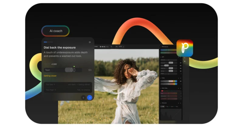 An AI coach interface overlays a photo editing software window, showing a suggestion to adjust exposure on a portrait of a woman in a field.