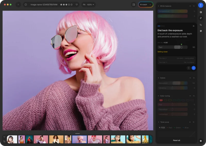 A photo editing software interface displays a portrait of a smiling woman with pink hair and sunglasses, with adjustment panels for exposure, color, and tone on the right side.