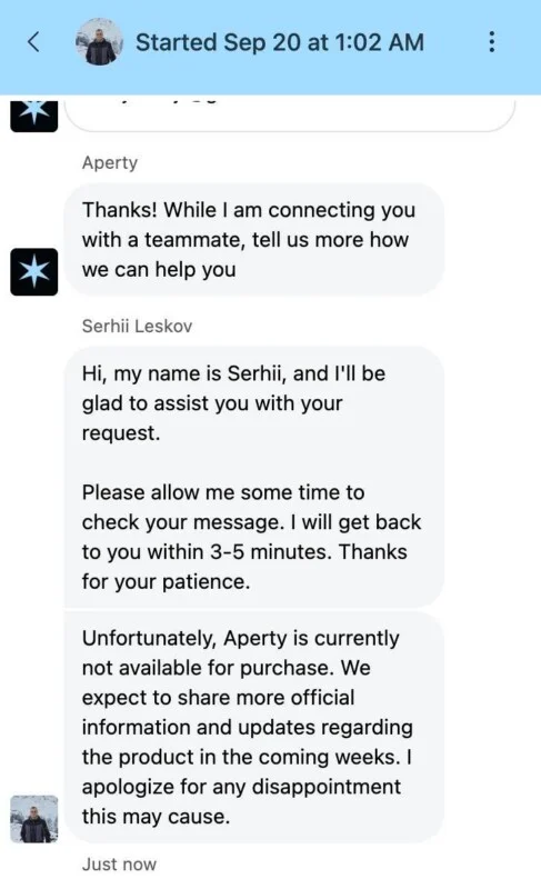 A chat transcript from September 20 shows a customer support representative named Serhii Leskov informing the user that the product Aperty is currently unavailable for purchase.